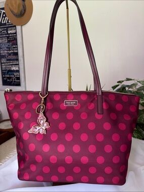 kate spade burgundy and pink polka dot tote